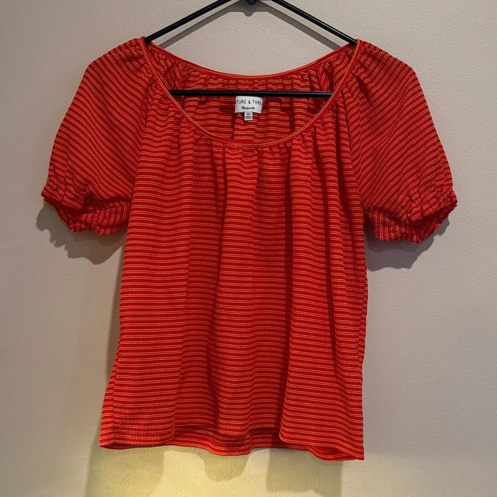 Madewell Red and Black Striped Puff Sleeve Blouse Casual stylish Vacation Ready